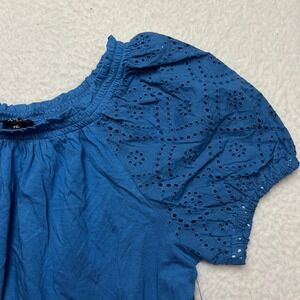 Jones New York Blouse Womens PXL Blue Eyelet Puff Sleeve Smocked Neck Top New